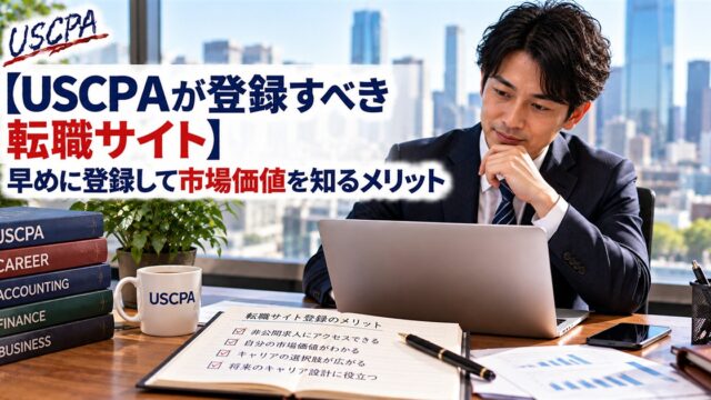 【USCPAが登録すべき転職サイト】早めに登録して市場価値を知るメリット（ノートPCで転職活動を考えるスーツ姿の男性）