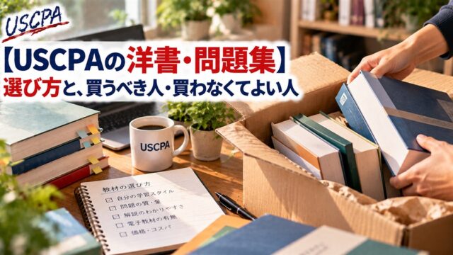 【USCPAの洋書・問題集】選び方と、買うべき人・買わなくてよい人（届いた洋書を箱から取り出す手元と教材の選び方ノート）