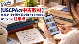 【USCPAの中古教材】メルカリで買う前に知っておきたいメリットと注意点（スマホで中古の本を探す手元と中古教材のチェックポイント）