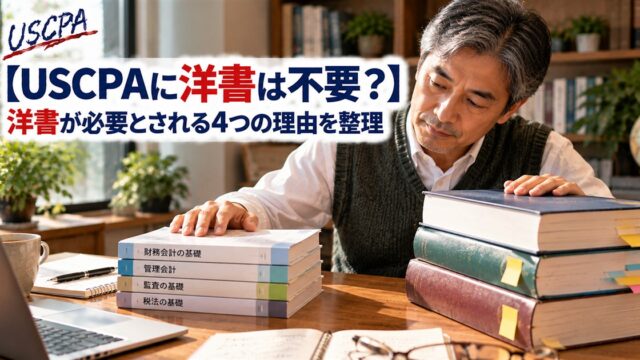 【USCPAに洋書は不要？】洋書が必要とされる4つの理由を整理（日本語テキストと洋書の厚みを比べる男性）