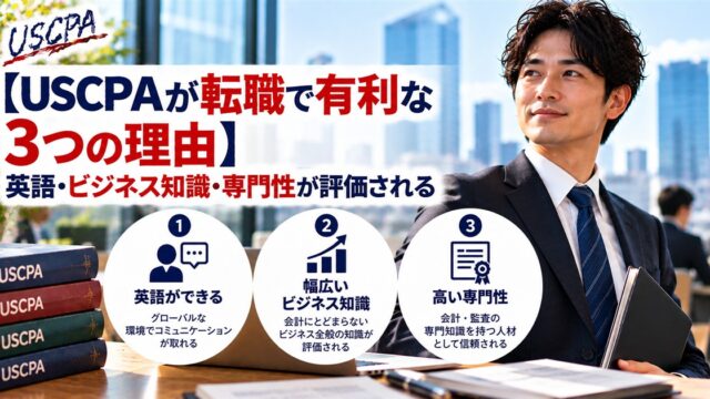 【USCPAが転職に有利な3つの理由】英語ができる・幅広いビジネス知識・高い専門性（オフィス街を背景にしたスーツ姿の男性）