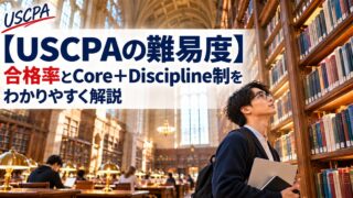 【USCPAの難易度】合格率とCore＋Discipline制をわかりやすく解説（大学図書館の書架を見上げる受験生）