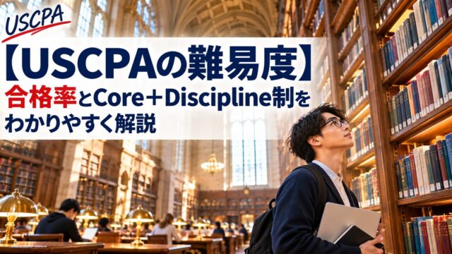 【USCPAの難易度】合格率とCore＋Discipline制をわかりやすく解説（大学図書館の書架を見上げる受験生）