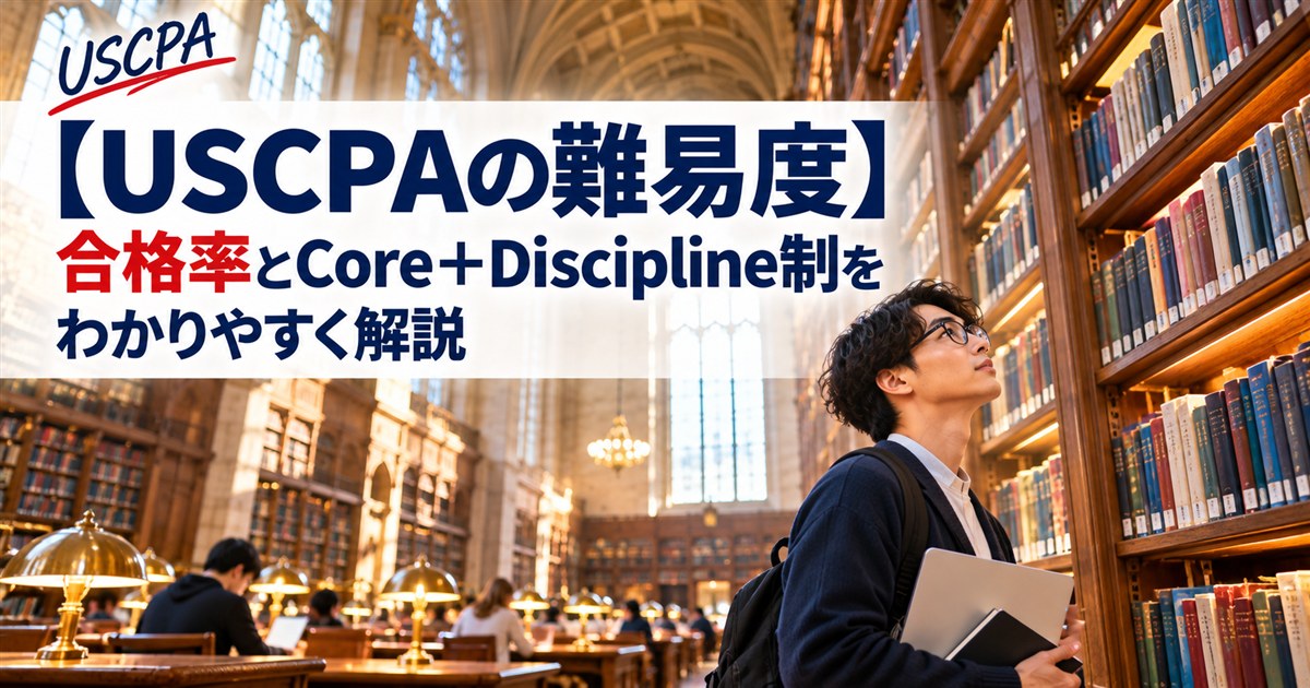 【USCPAの難易度】合格率とCore＋Discipline制をわかりやすく解説（大学図書館の書架を見上げる受験生）