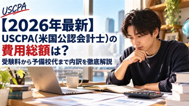 【2026年最新】USCPA（米国公認会計士）の費用総額は？受験料から予備校代まで内訳を徹底解説（電卓と資料を前に考える男性）