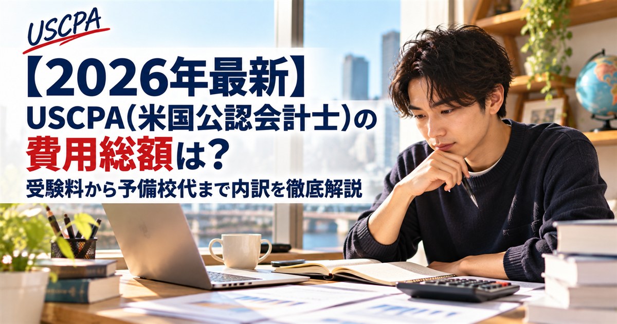 【2026年最新】USCPA（米国公認会計士）の費用総額は？受験料から予備校代まで内訳を徹底解説（電卓と資料を前に考える男性）