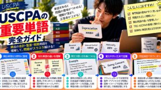 【USCPAの重要単語 完全ガイド】頻出の会計・監査・税務用語を理解して問題を解く（単語カードを見る受験生）