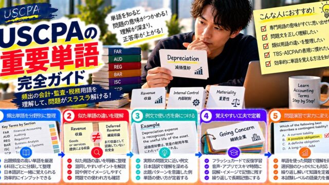 【USCPAの重要単語 完全ガイド】頻出の会計・監査・税務用語を理解して問題を解く（単語カードを見る受験生）