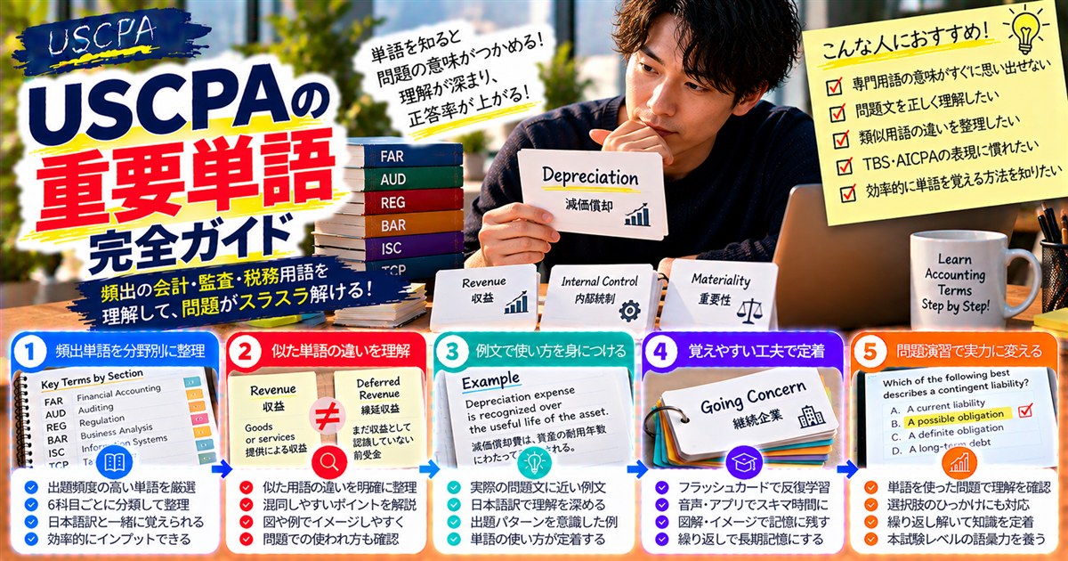 【USCPAの重要単語 完全ガイド】頻出の会計・監査・税務用語を理解して問題を解く（単語カードを見る受験生）