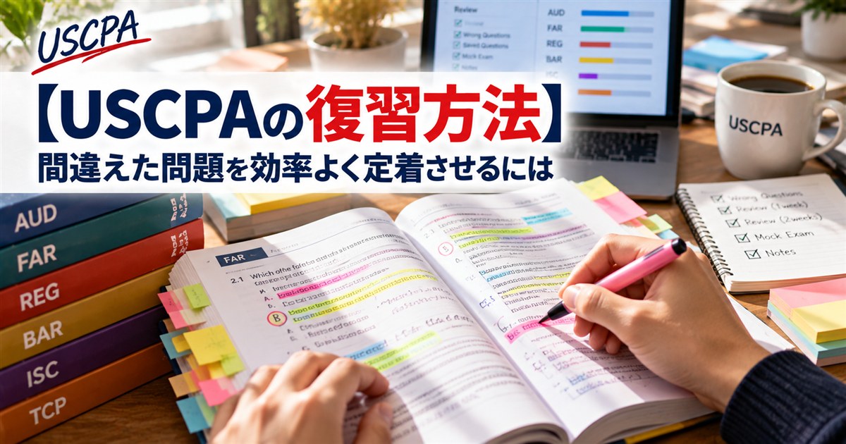 【USCPAの復習方法】間違えた問題を効率よく定着させるには（付箋とマーカーで問題集を見直す手元）