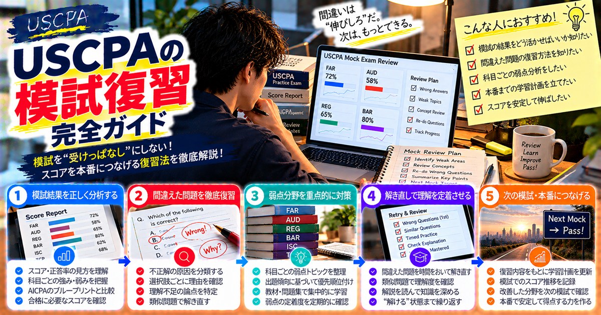 【USCPAの模試復習 完全ガイド】模試を受けっぱなしにせず復習でスコアを本番につなげる（模試結果を確認する受験生）