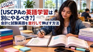 【USCPAの英語学習は別にやるべき？】会計と試験英語を並行して伸ばす方法（ノートと英語の教材で学ぶ女性）