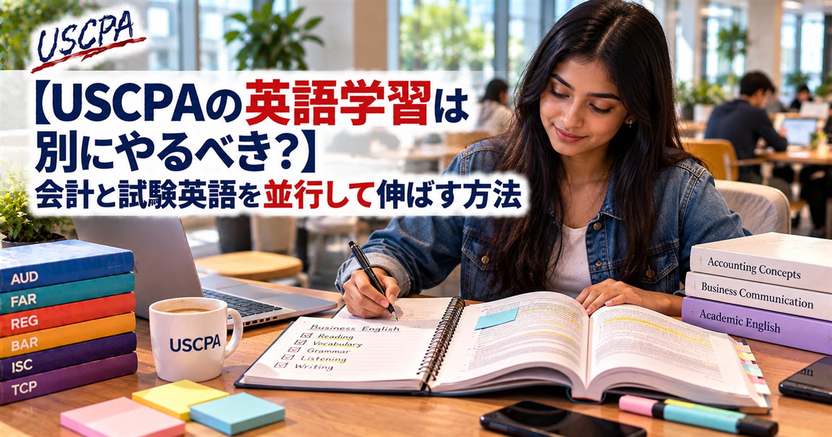 【USCPAの英語学習は別にやるべき？】会計と試験英語を並行して伸ばす方法（ノートと英語の教材で学ぶ女性）