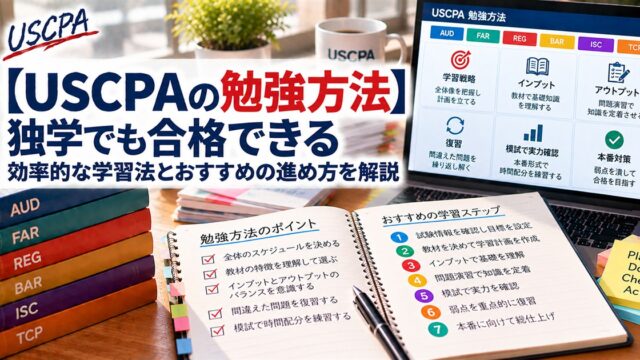 【USCPAの勉強方法】効率的な学習法とおすすめの進め方を解説（学習ステップを書いたノートと勉強方法の画面）