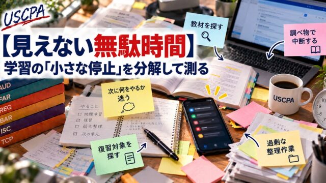 【見えない無駄時間】学習の「小さな停止」を分解して測る（付箋で示した学習中の停止と散らかった学習机）