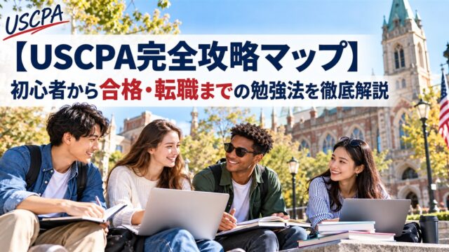【USCPA完全攻略マップ】初心者から合格・転職までの勉強法を徹底解説（大学キャンパスで学ぶ4人の学生）