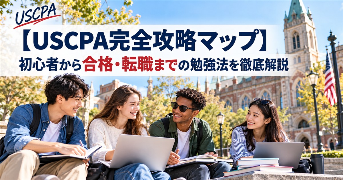 【USCPA完全攻略マップ】初心者から合格・転職までの勉強法を徹底解説（大学キャンパスで学ぶ4人の学生）