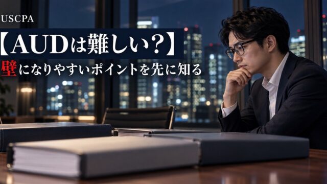 【AUDは難しい？】壁になりやすいポイントを先に知る（夜のオフィスで分厚いファイルを前に考え込む男性）