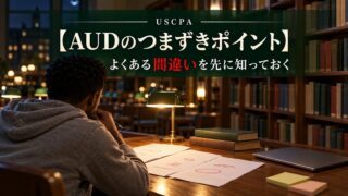 【AUDのつまずきポイント】よくある間違いを先に知っておく（夜の図書館で赤丸のついた答案を見つめる男性）