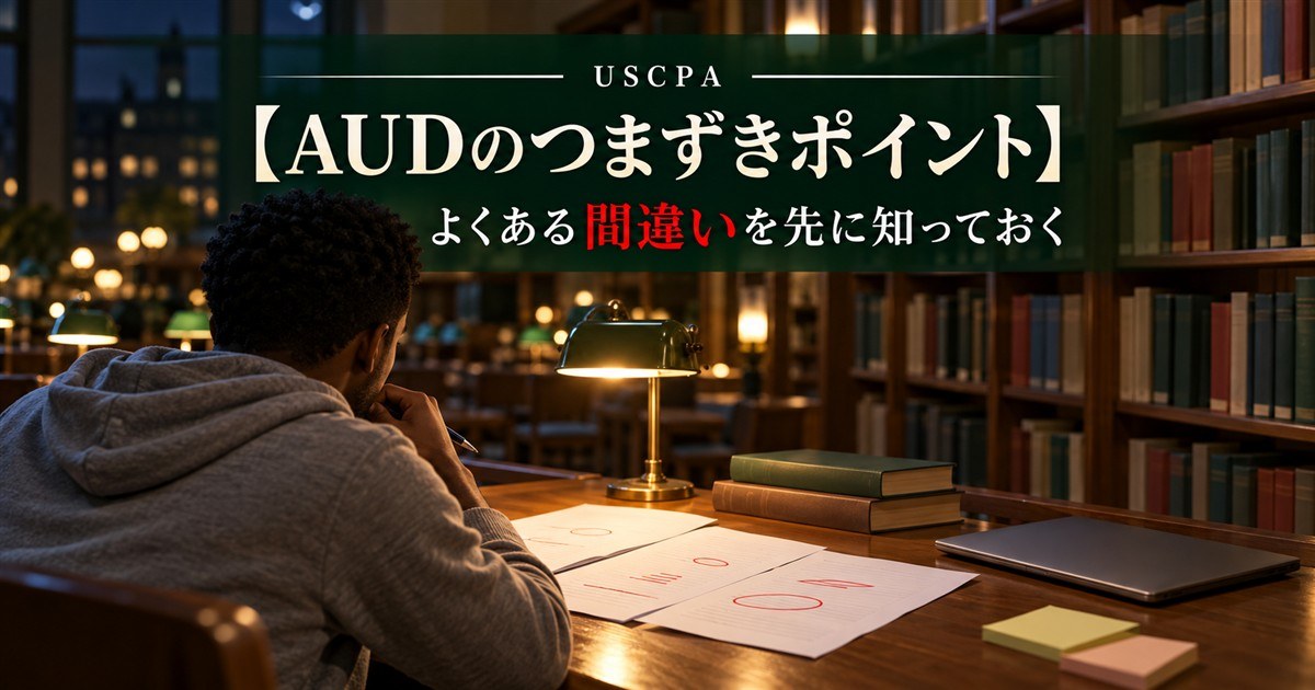 【AUDのつまずきポイント】よくある間違いを先に知っておく（夜の図書館で赤丸のついた答案を見つめる男性）