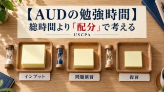 【AUDの勉強時間】総時間より「配分」で考える（インプット・問題演習・復習に分けた付箋と砂時計）