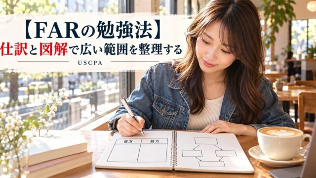 【FARの勉強法】仕訳と図解で広い範囲を整理する（カフェで借方・貸方の表と図をノートに書く女性）