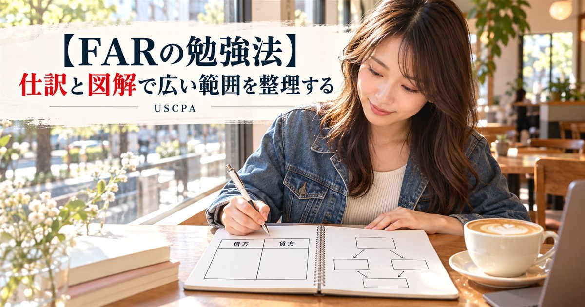 【FARの勉強法】仕訳と図解で広い範囲を整理する（カフェで借方・貸方の表と図をノートに書く女性）