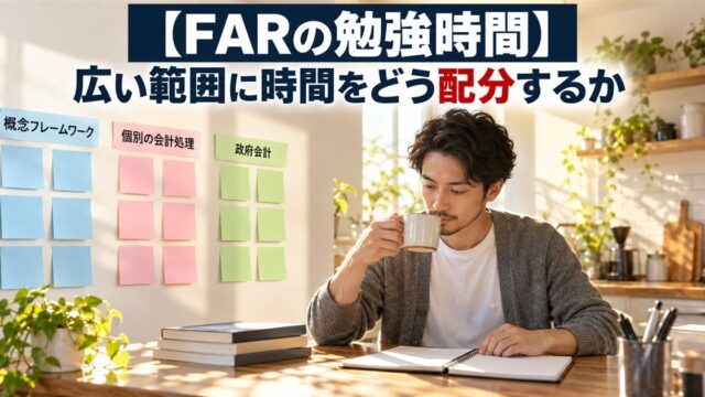 【FARの勉強時間】広い範囲に時間をどう配分するか（分野別の付箋を貼った壁の前でコーヒーを飲む男性）
