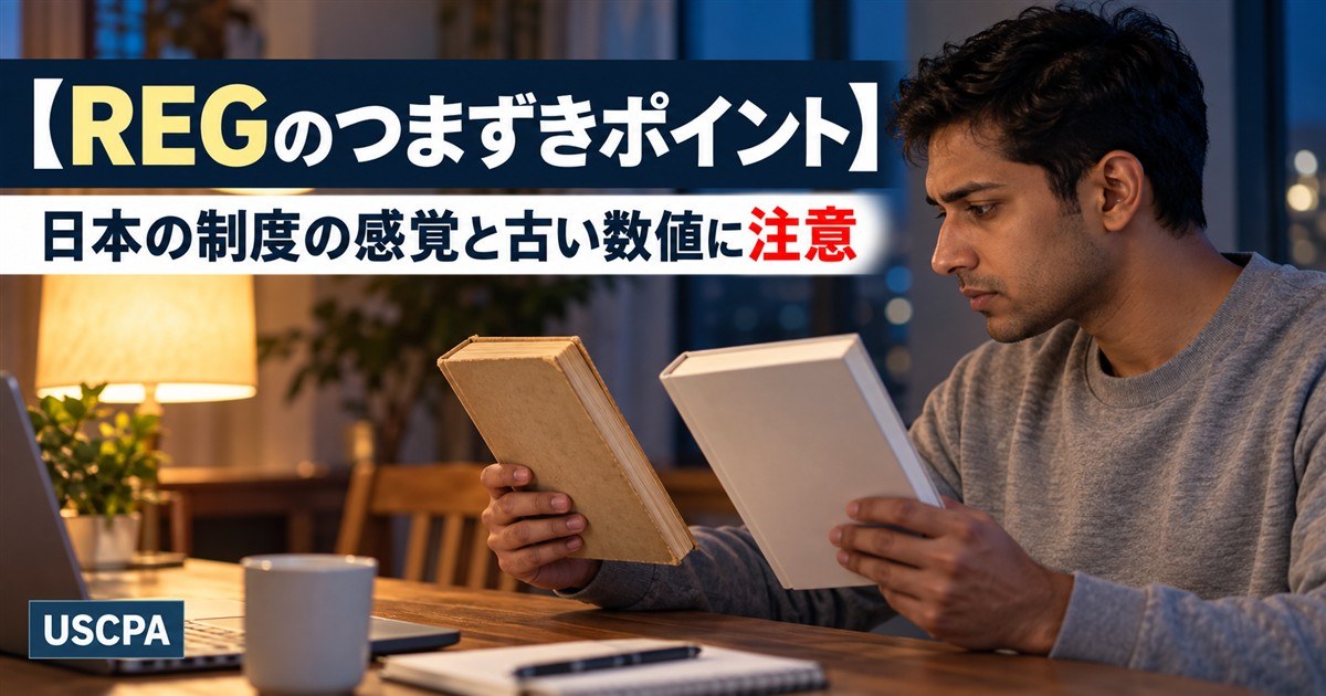 【REGのつまずきポイント】日本の制度の感覚と古い数値に注意（新旧2冊の本を見比べる男性）