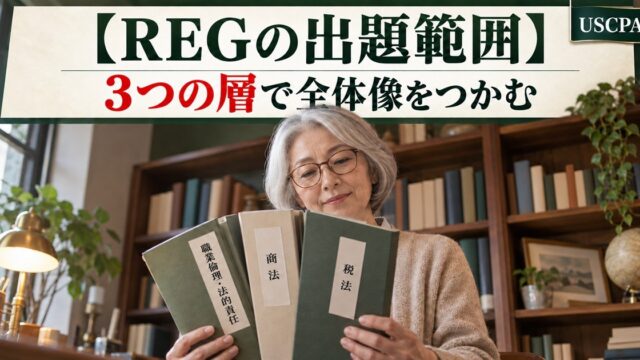 【REGの出題範囲】3つの層で全体像をつかむ（「職業倫理・法的責任」「商法」「税法」の3冊を手に持つ女性）