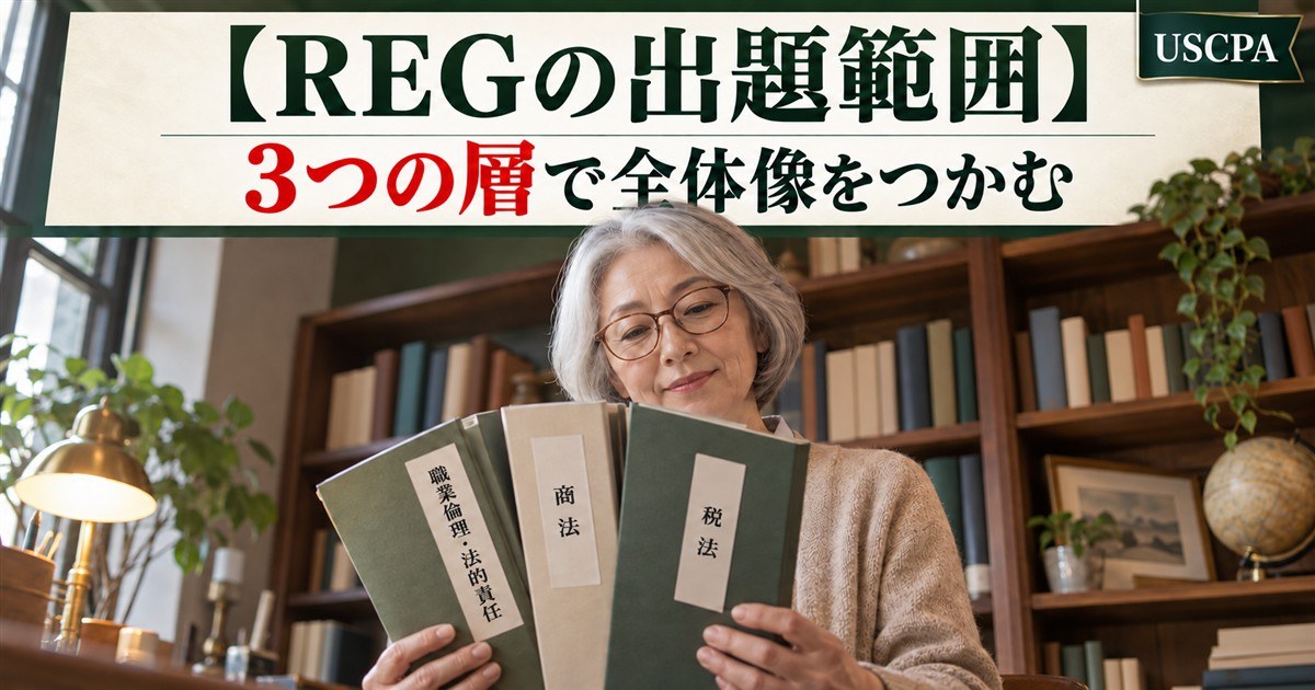 【REGの出題範囲】3つの層で全体像をつかむ（「職業倫理・法的責任」「商法」「税法」の3冊を手に持つ女性）