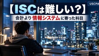 【ISCは難しい？】会計より情報システムに寄った科目（夜景の見えるオフィスで考える男性の後ろ姿）