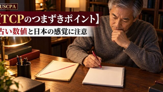 【TCPのつまずきポイント】古い数値と日本の感覚に注意（赤線を引いたノートを前に考える男性）