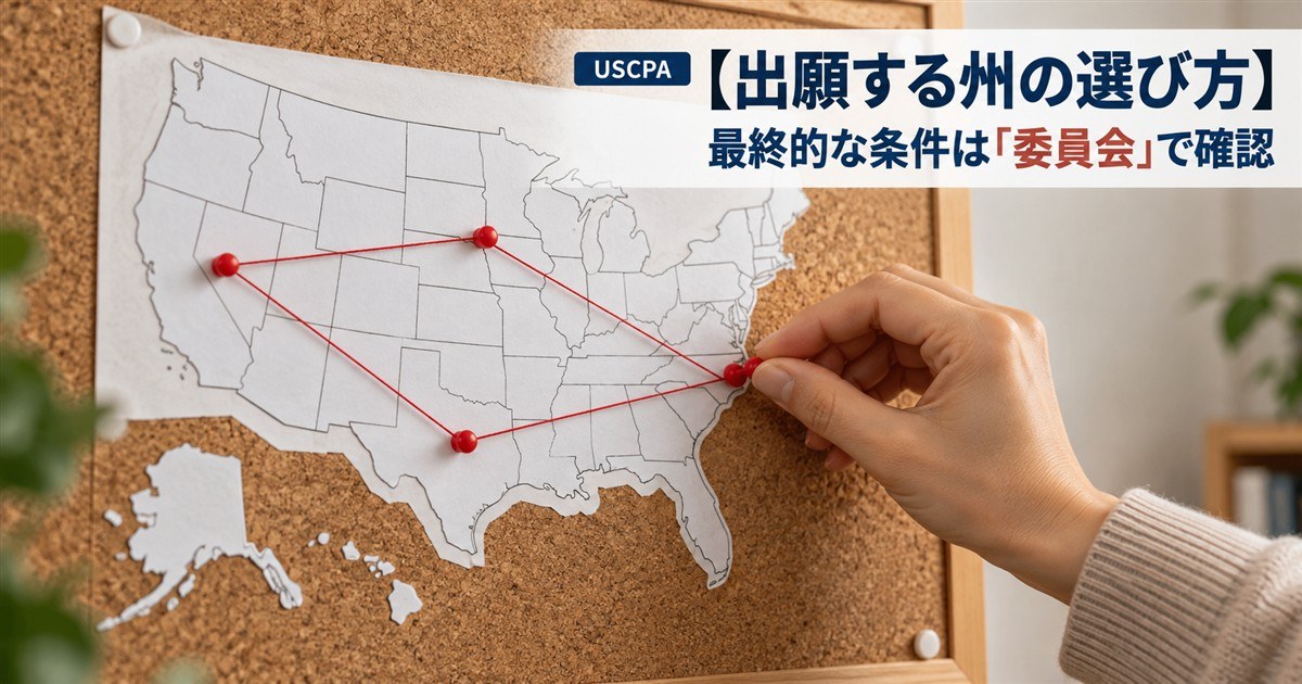 【出願する州の選び方】最終的な条件は「委員会」で確認（コルクボードの地図にピンを刺す手元）