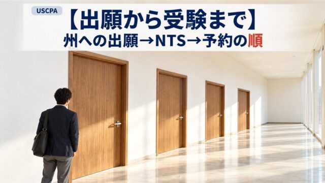 【出願から受験まで】州への出願→NTS→予約の順（廊下に並ぶ4つのドアと人物）