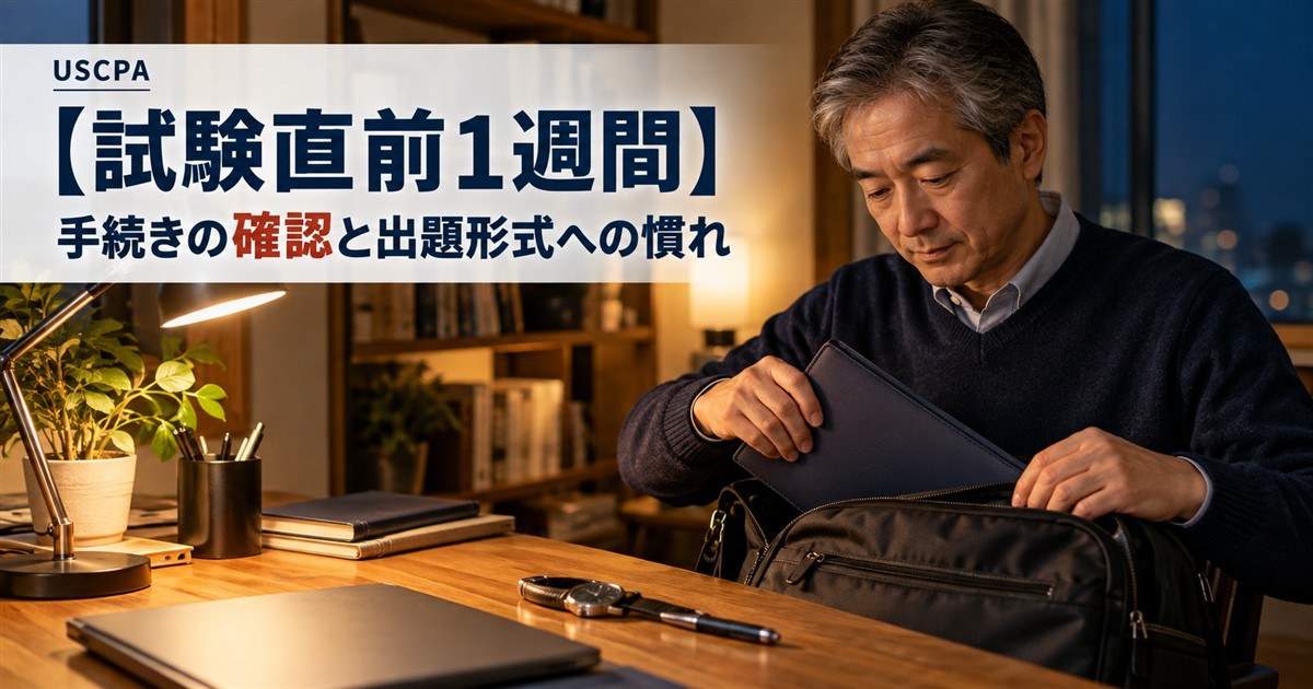 【試験直前1週間】手続きの確認と出題形式への慣れ（前夜に持ち物を鞄へ入れて確認する男性）