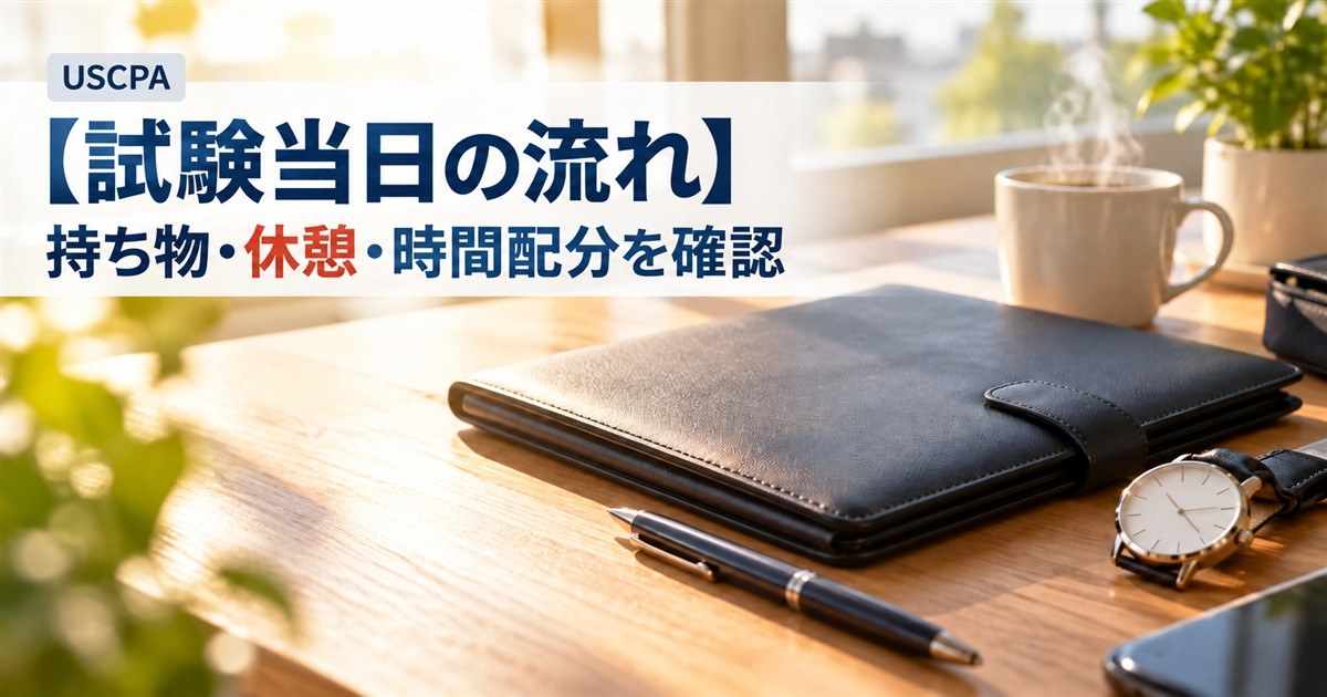 【試験当日の流れ】持ち物・休憩・時間配分を確認（朝の光の机に置いた書類ホルダー、腕時計、ペン）