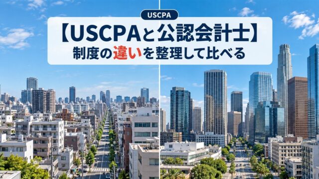 【USCPAと公認会計士】制度の違いを整理して比べる（日本とアメリカの街並みを左右に並べた風景）