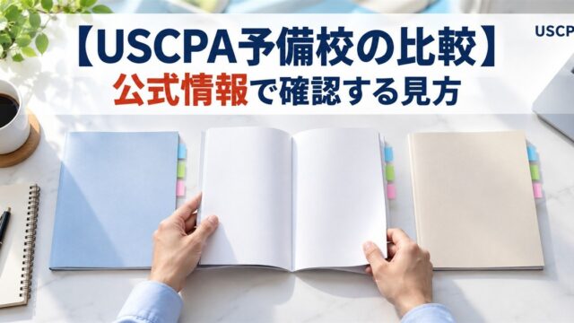【USCPA予備校の比較】公式情報で確認する見方（3冊の無地の冊子を見比べる手元）