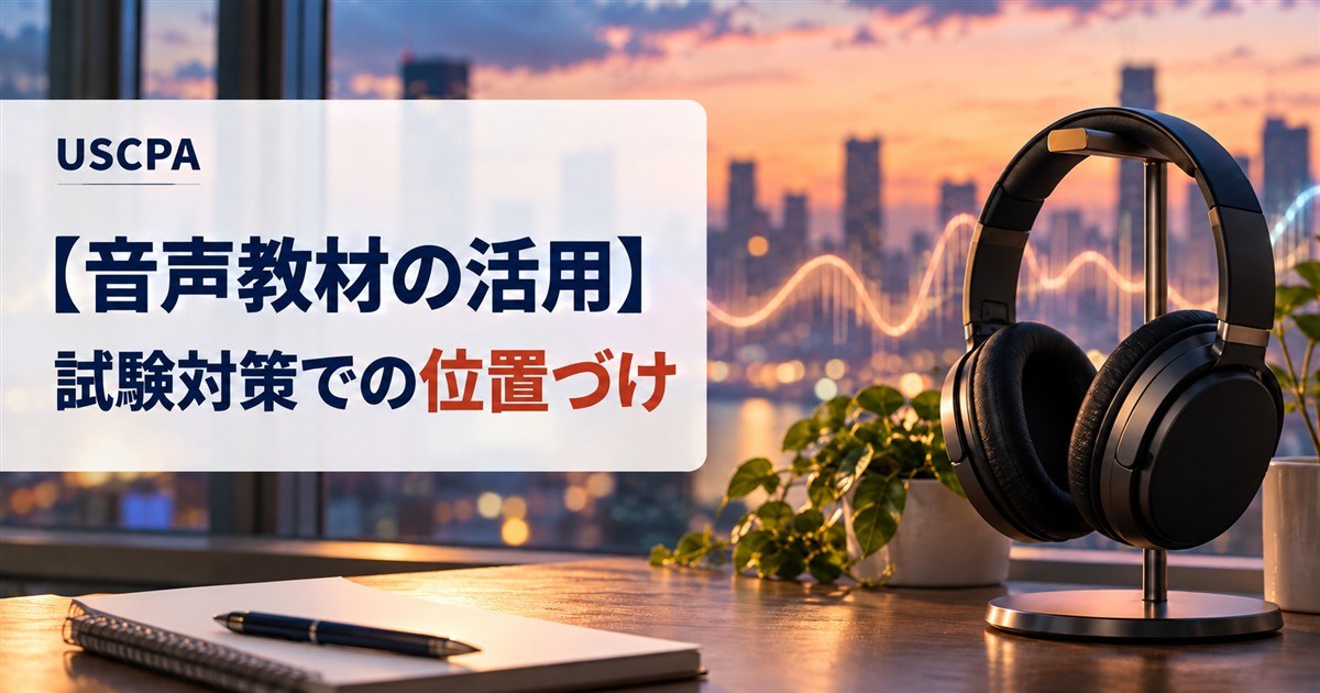 【音声教材の活用】試験対策での位置づけ（夕暮れの街を背景にしたヘッドホンとノート）
